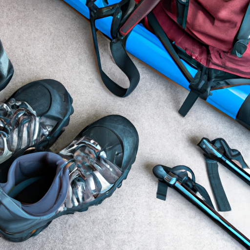 Various hiking gear including backpack, boots, and trekking poles